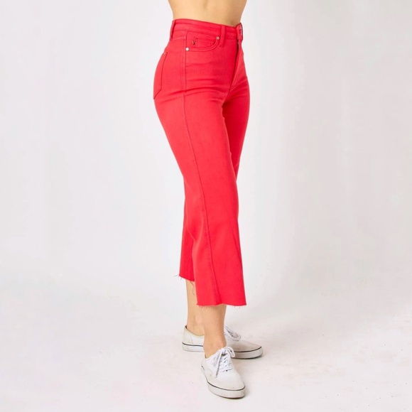 Judy Blue High Waist Garment Dyed Red Tummy Control Wide Leg Crop Denim Jeans - Picture 1 of 10